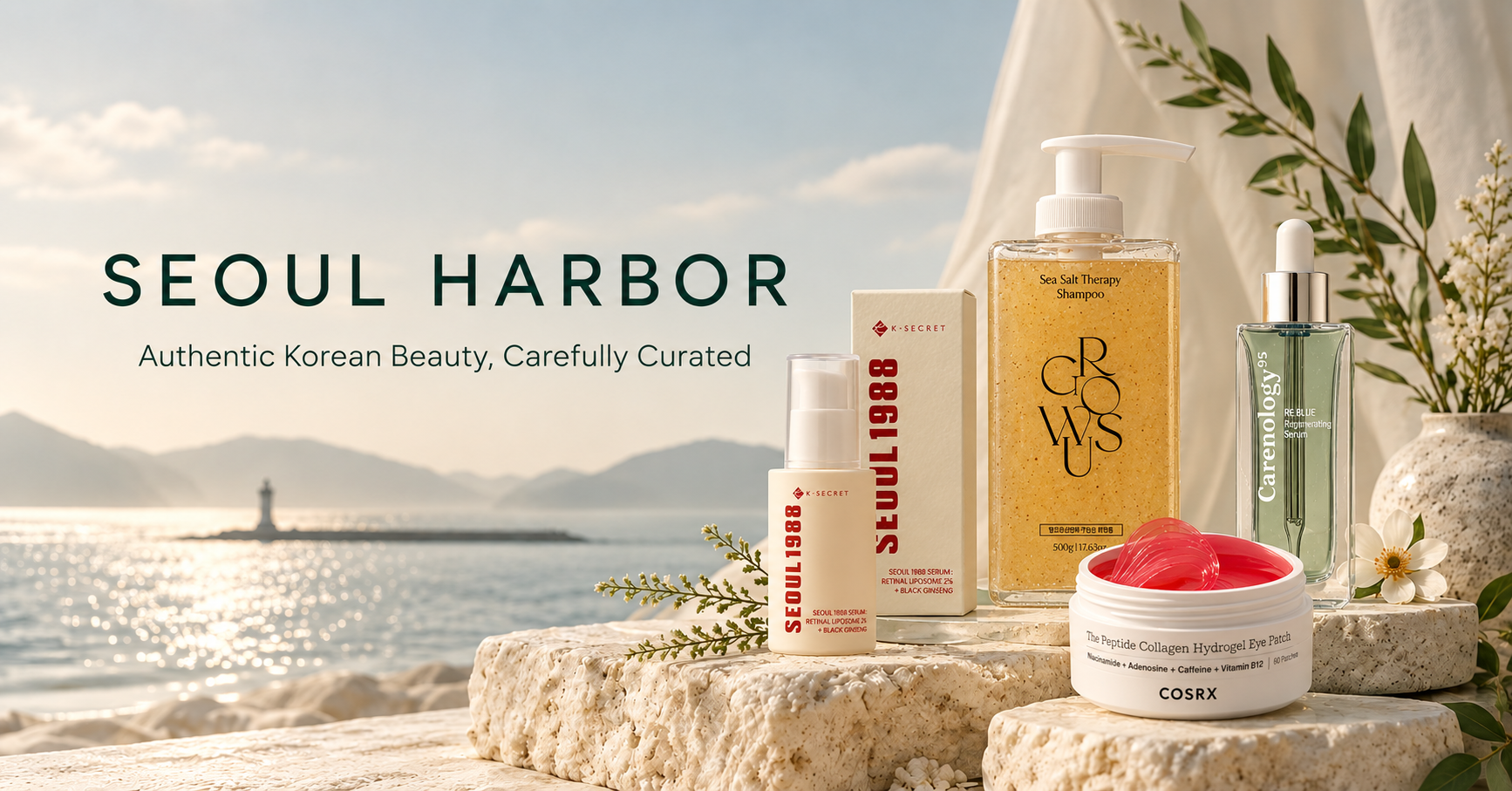 Seoul Harbor Korean beauty selection featuring K-Secret, GROWUS, COSRX, and CARENOLOGY95